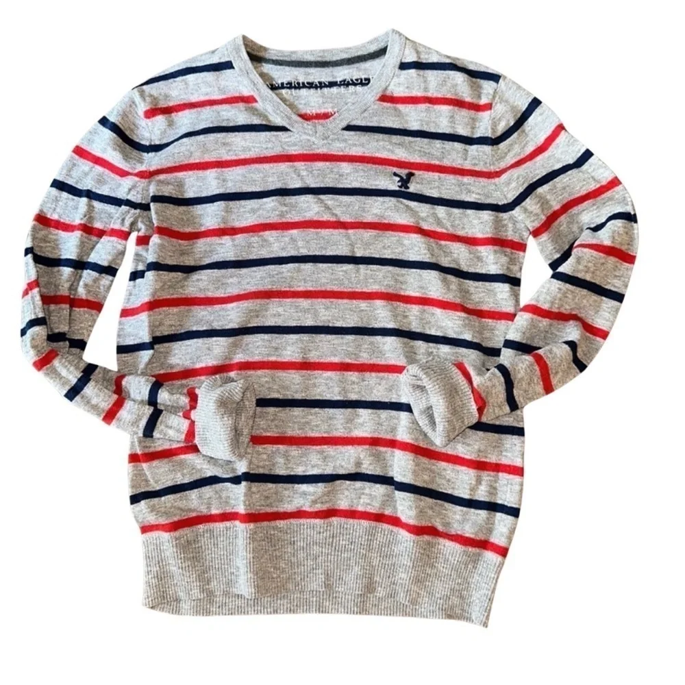 American Eagle Cotton V-Neck Sweater - Grey with Red & Blue Stripes - Size M